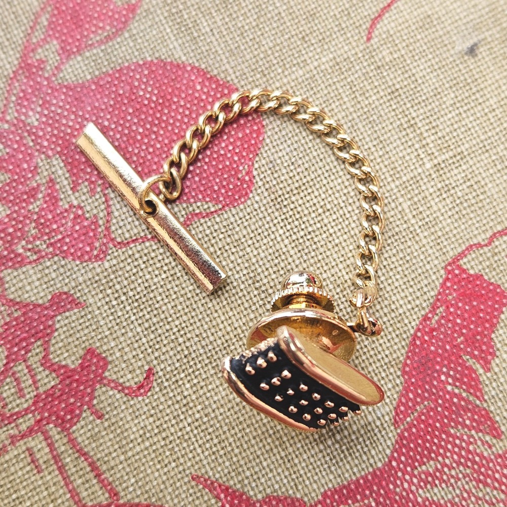 Vintage 60s 70s Tie Tack Gold Tone Black Textured Midcentury Office Accessory - Picture 2 of 3